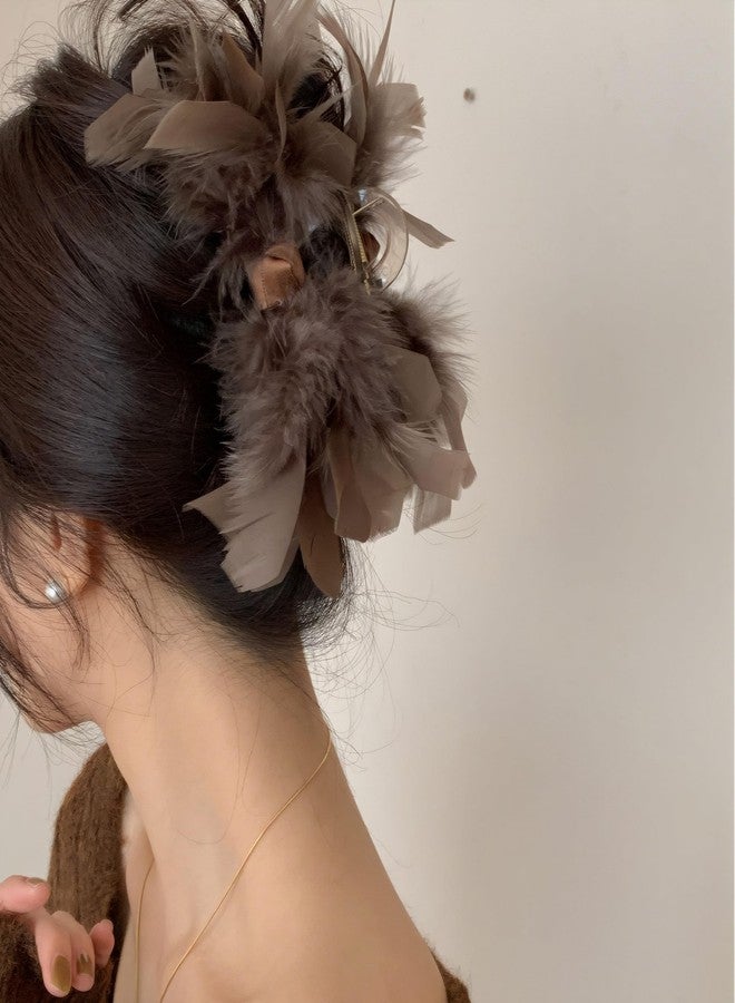 Rannyrena Large Bow Chiffon Silk Hair Clips for Women Pearl Mesh Bubble Hair Barrettes for Thick Thin Hair Elegant Feather Claw Clips Hair Accessories (Feather Brown) - Image 2